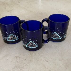 Vintage Cobalt Blue Mugs with Festive Design Made in the USA